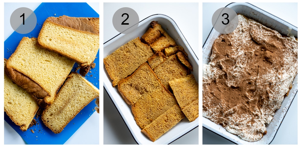 Step by step photos on how to make pandoro tiramisu (steps #1-3)