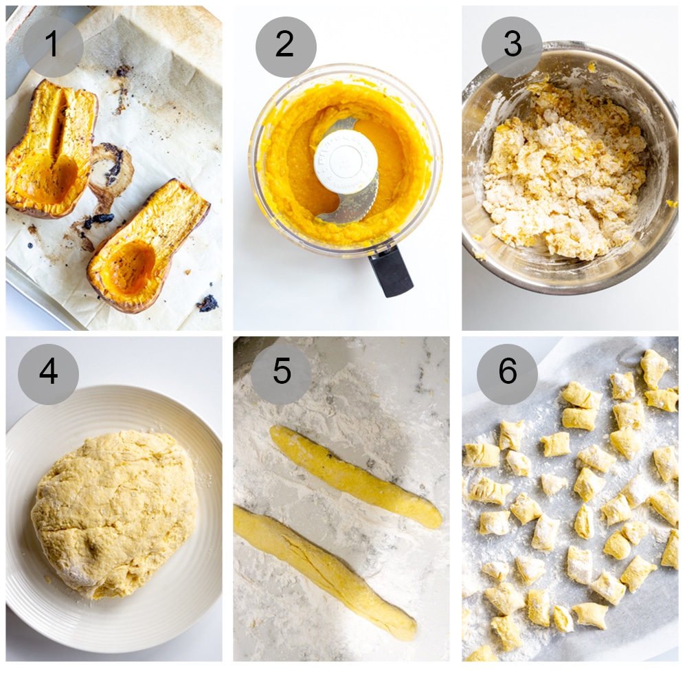 Step by step photos on how to make butternut squash gnocchi (#1-6)