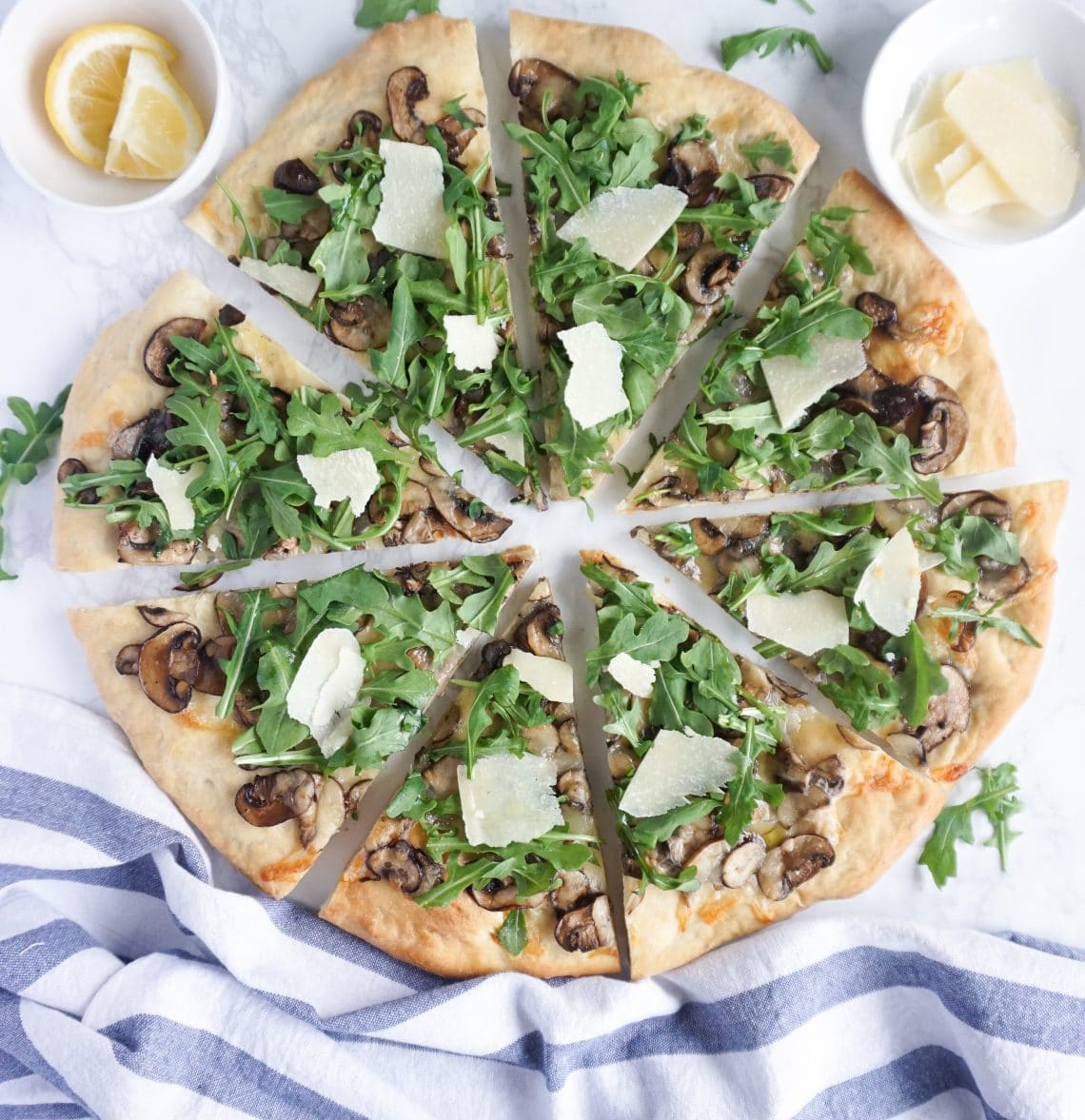 Arugula Pizza with Mushrooms and truffle oil