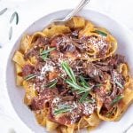 overhead photo of beef short rib pappardelle in a plate