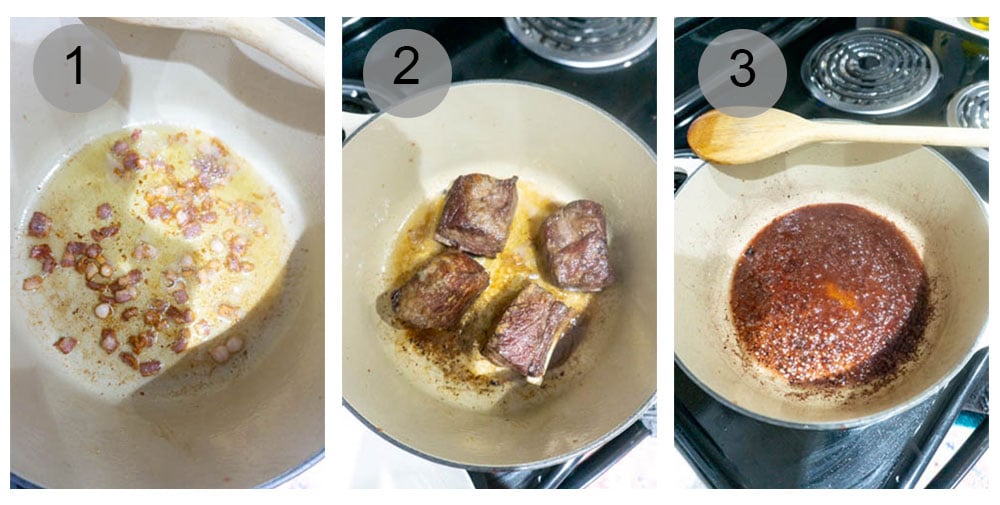 step by step photos on how to make beef short rib ragu (steps 1-3)