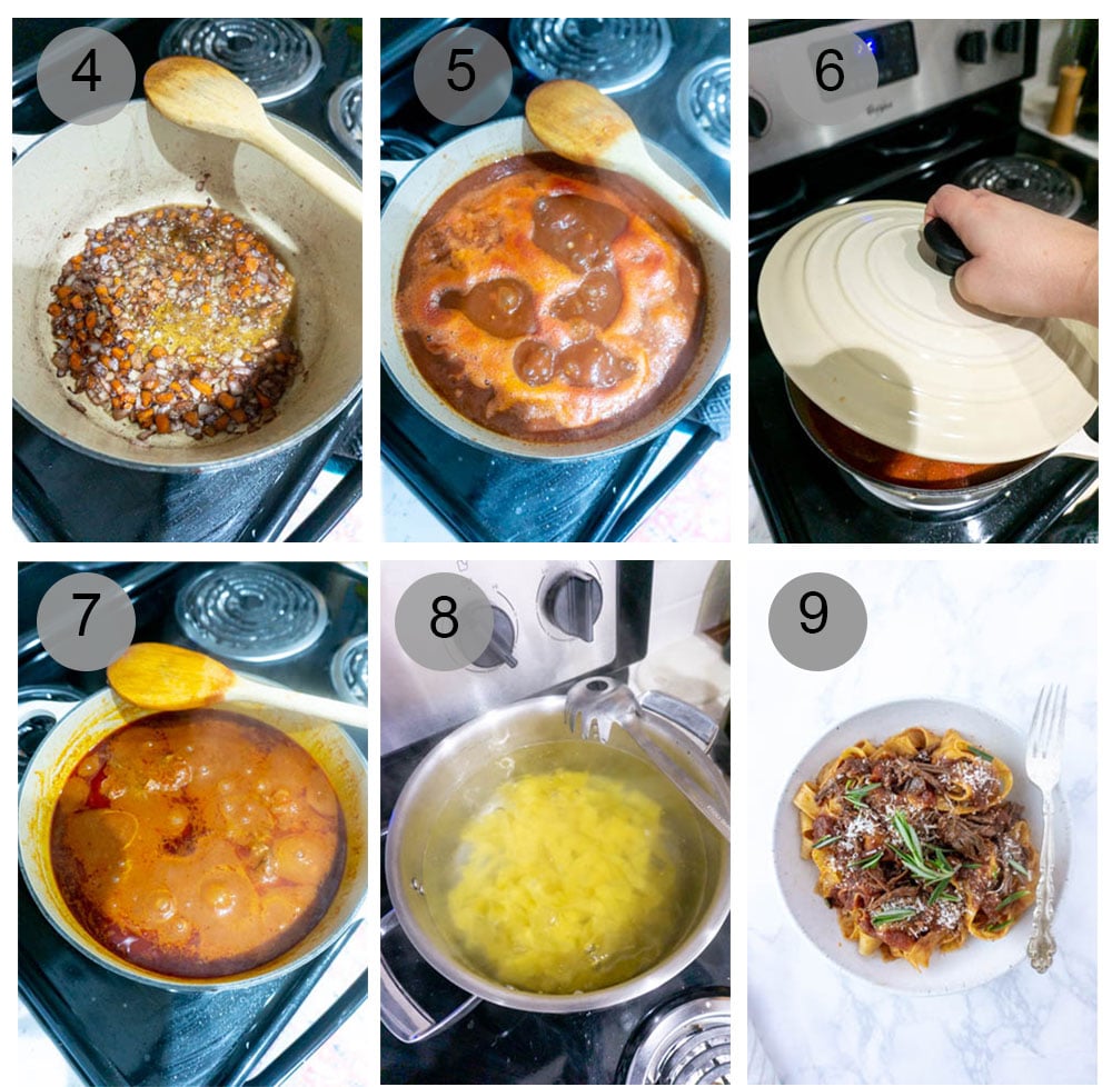 step by step photos on how to make beef short rib ragu (steps 4-9)
