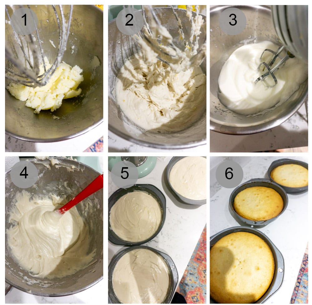 Step by step photos on how to make limoncello cake (steps 1-6)