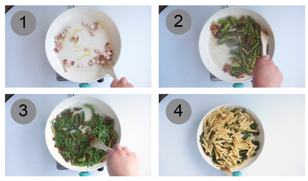 step by step photos on how to make asparagus pasta (steps 1-4)