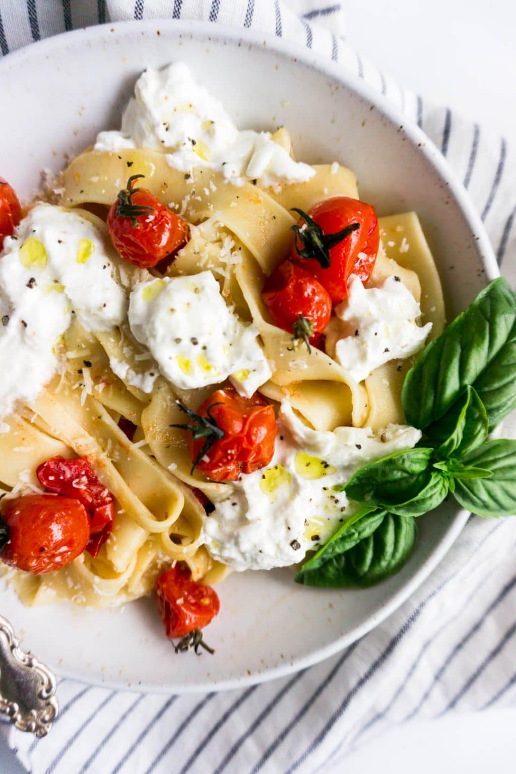 Close up shot of cherry tomato pasta garnished with fresh basil