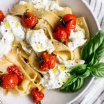 Pappardelle with burrata and burst cherry tomatoes