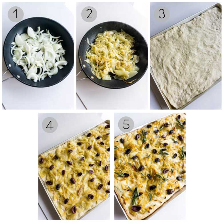Focaccia with onions and olives process