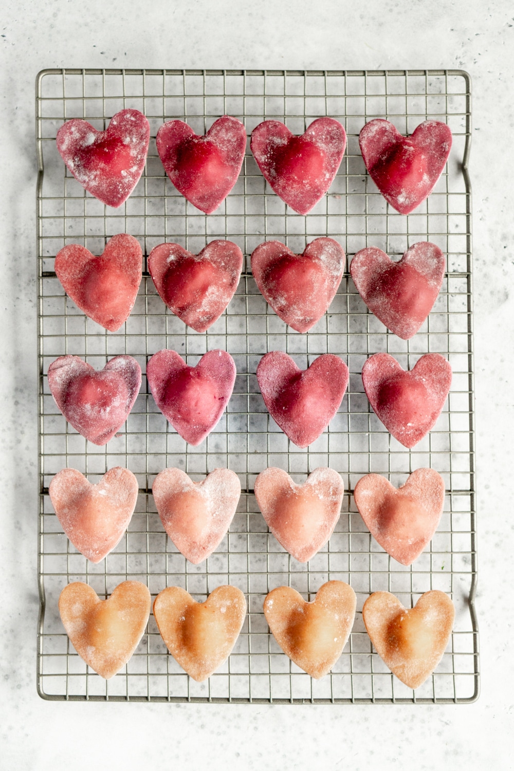 beet heart ravioli on a cooling rack