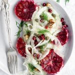 Overhead shot of a fennel salad with blood oranges in a plate