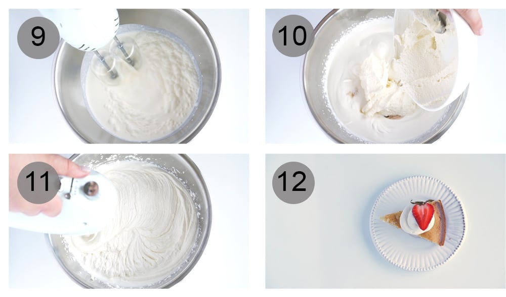 Step by step photos on how to make olive oil cake with prosecco strawberries and mascarpone cream (#9-12)
