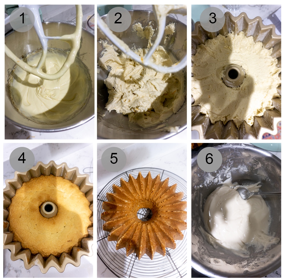 Step by step photos on how to make almond cake with amaretto glaze (steps 1-6)