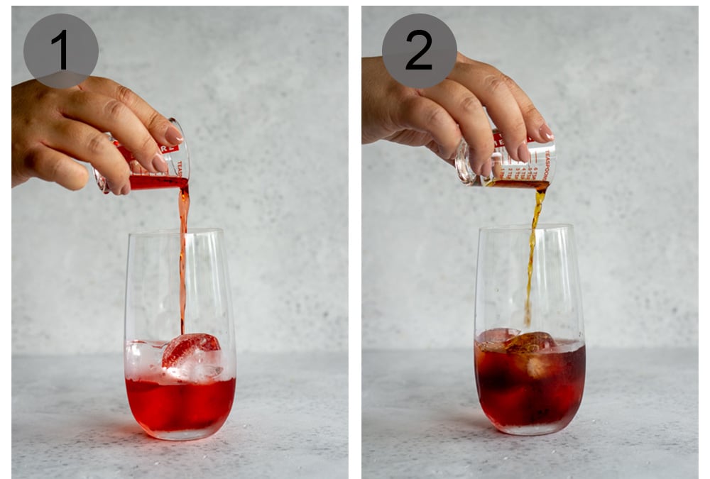 Step by step photos on how to make an americano cocktail (steps 1-2)