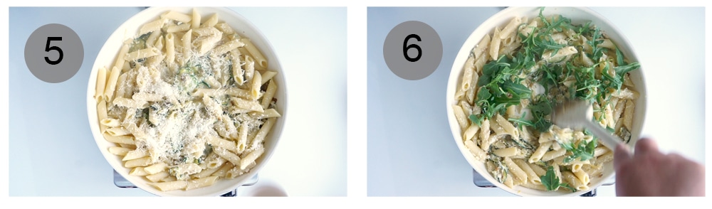 Step by step photos on how to make lemony ricotta pasta with zucchini and arugula (steps #5-6)