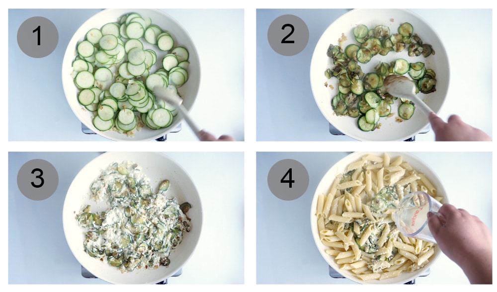 Step by step photos on how to make lemony ricotta pasta with zucchini and arugula (steps #1-4)