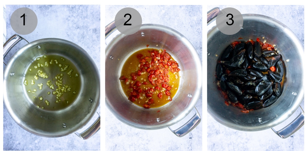 Step by step photos on how to make steamed mussels (steps #1-3)