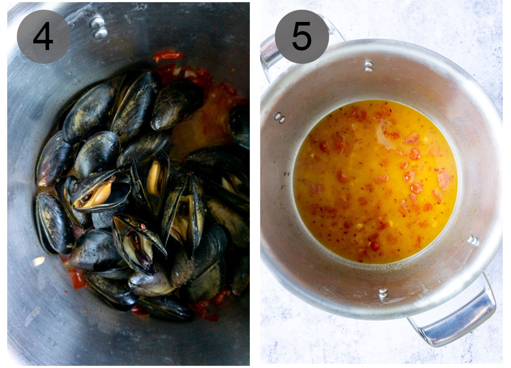Step by step photos on how to make steamed mussels (steps #4-5)