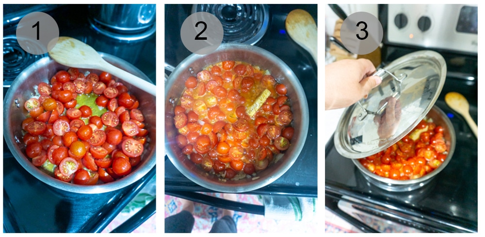 Step by step photos on how to make pasta pomodoro (#1-3)