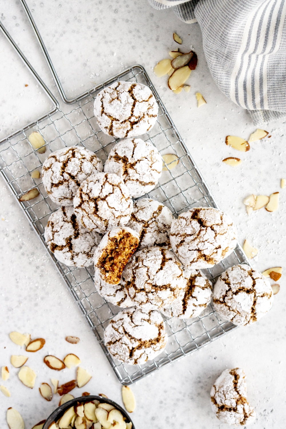 Overhead shot of amaretti cookies on a cookie sheet