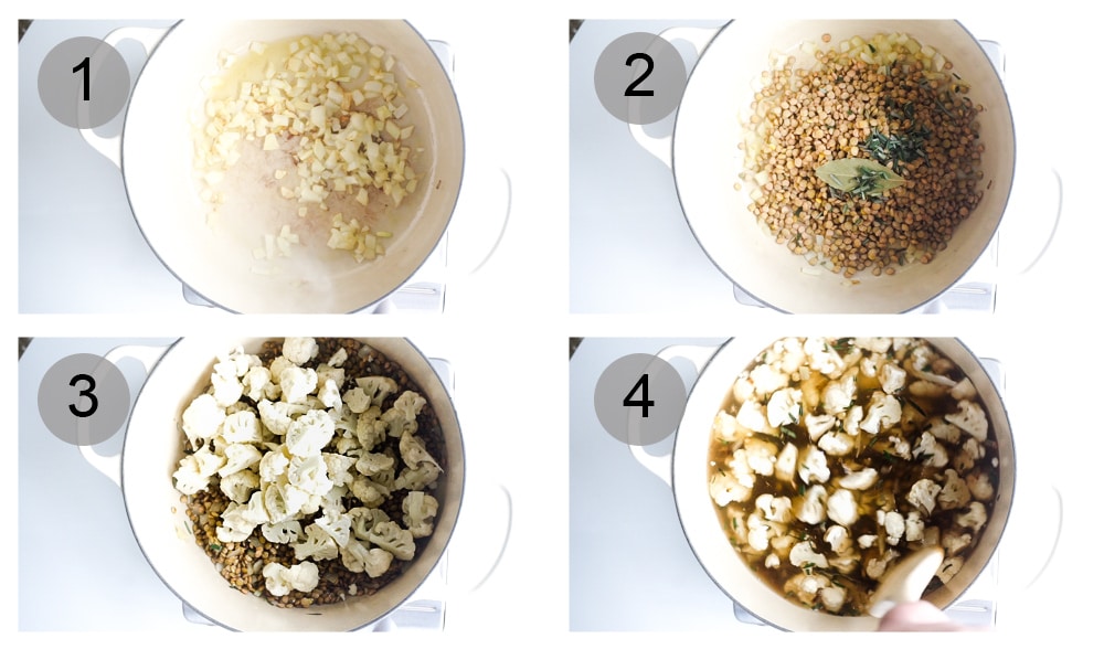 Step by step photos on how to make lentil soup - a beautiful vegan soup with lentils, cauliflower and swiss chard (#1-4)