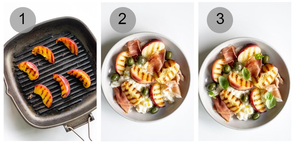 Step by step photos on how to make peach burrata salad
