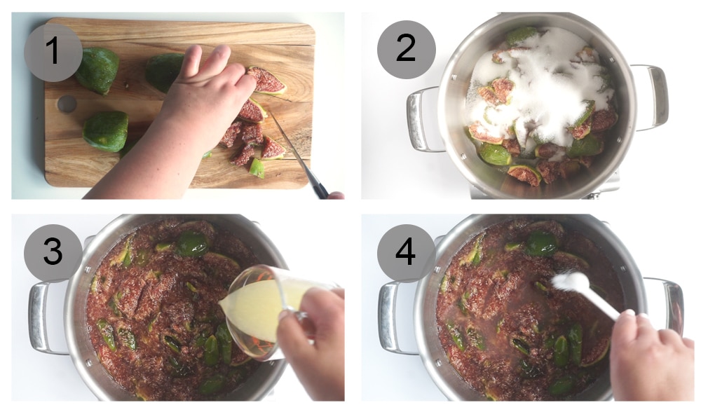 Step by step photos on how to make fig jams (steps 1-4)