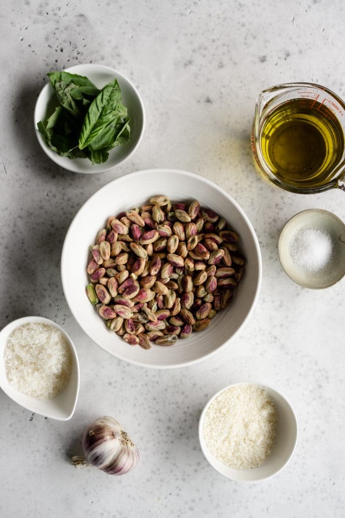 Pistachio pesto ingredients - pistachios, basil, pecorino, parmesan, garlic, salt, olive oil