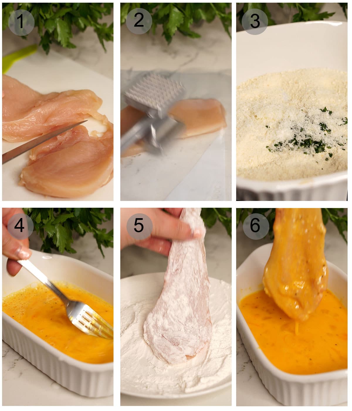 Step-by-step photos on making Italian chicken cutlets. Numbers 1-6.