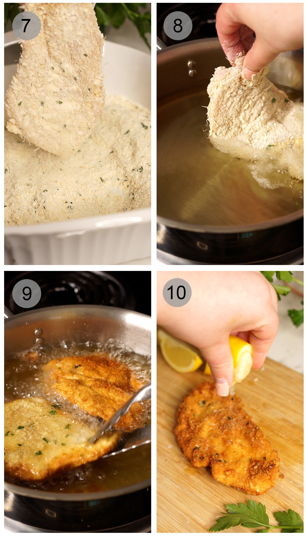 Step-by-step photos on making Italian chicken cutlets. Numbers 7-10.