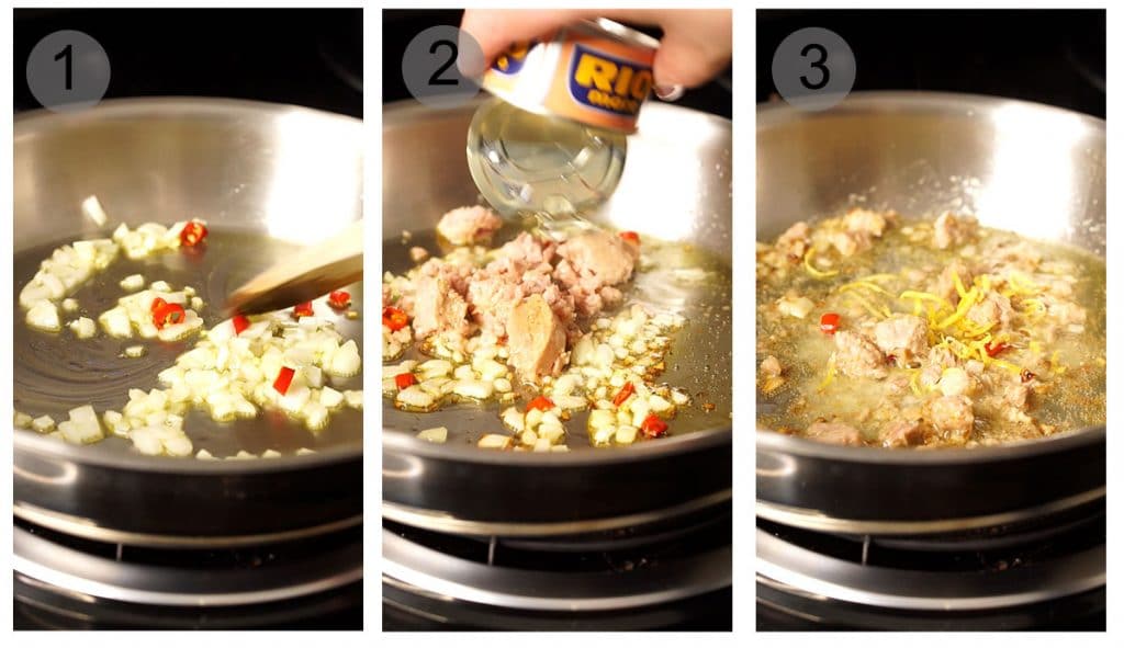 Step by step photos on how to make tuna spaghetti (#1-3)