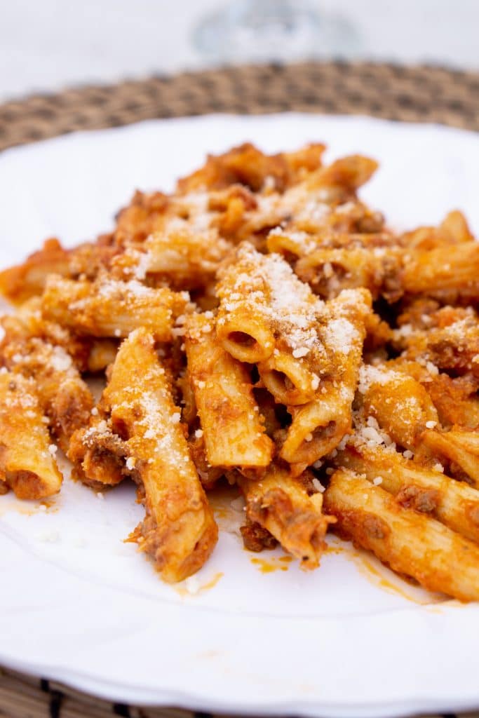 Pasta al forno in a white dish
