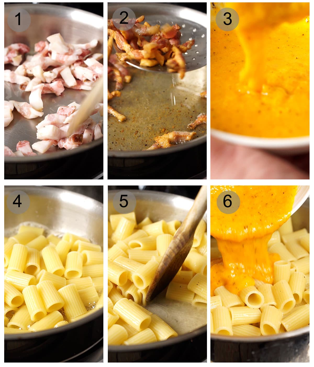 Step by step photos on how to make an authentic carbonara (#1-6)