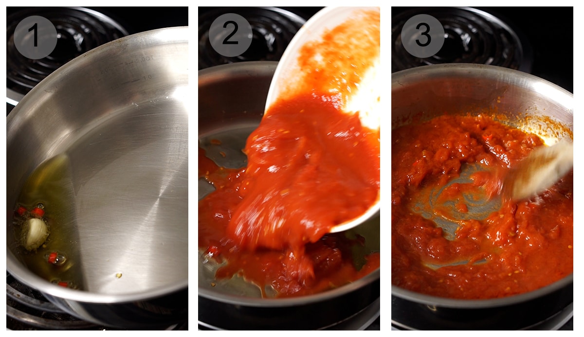 Step by step photos on how to make penne arrabbiata (#1-3)