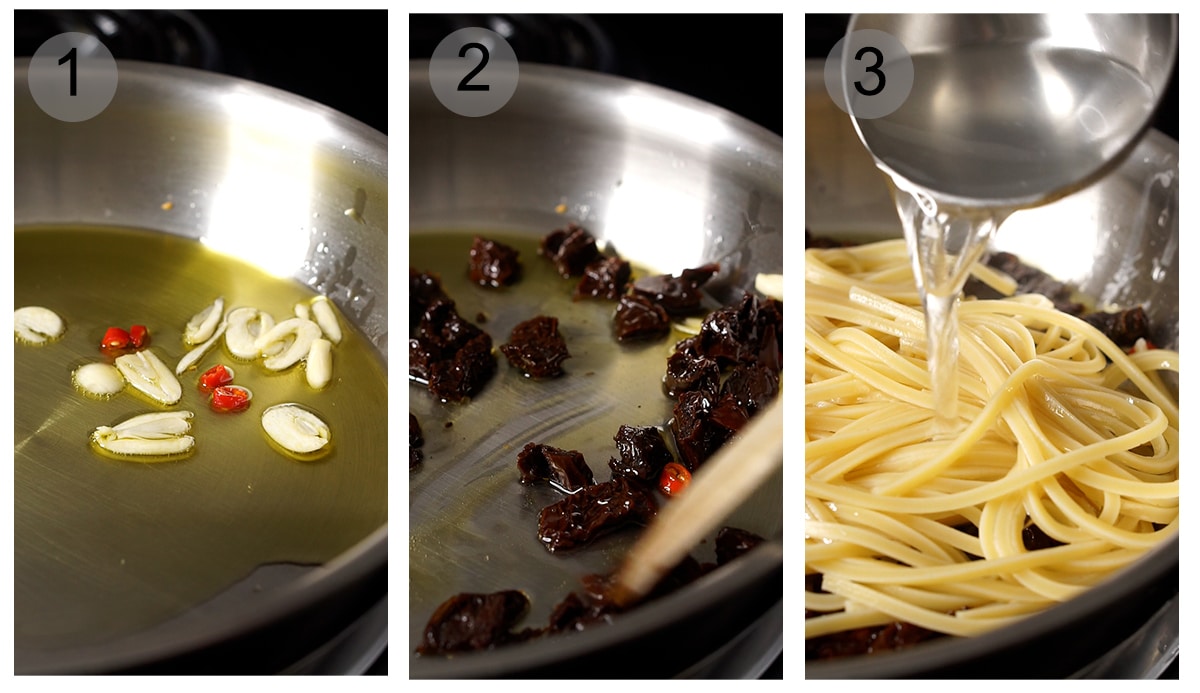 Step by step photos on how to make sun dried tomato pasta (#1-3)