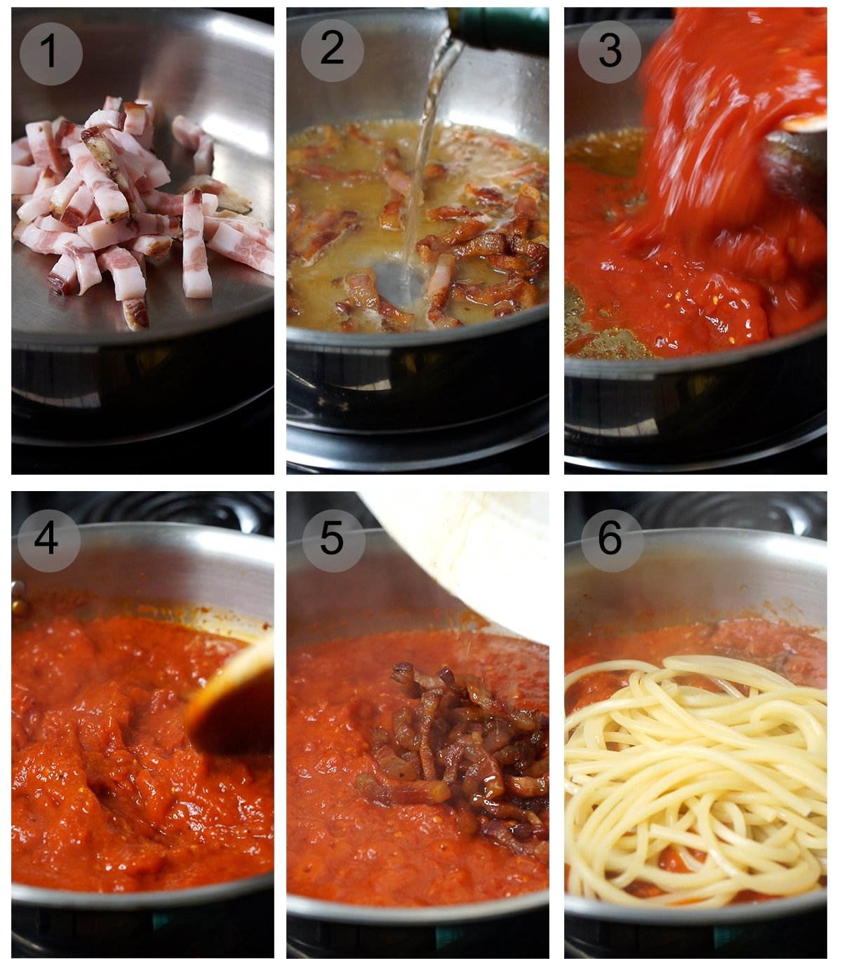 Step by step photos on how to make pasta amatriciana (#1-6)