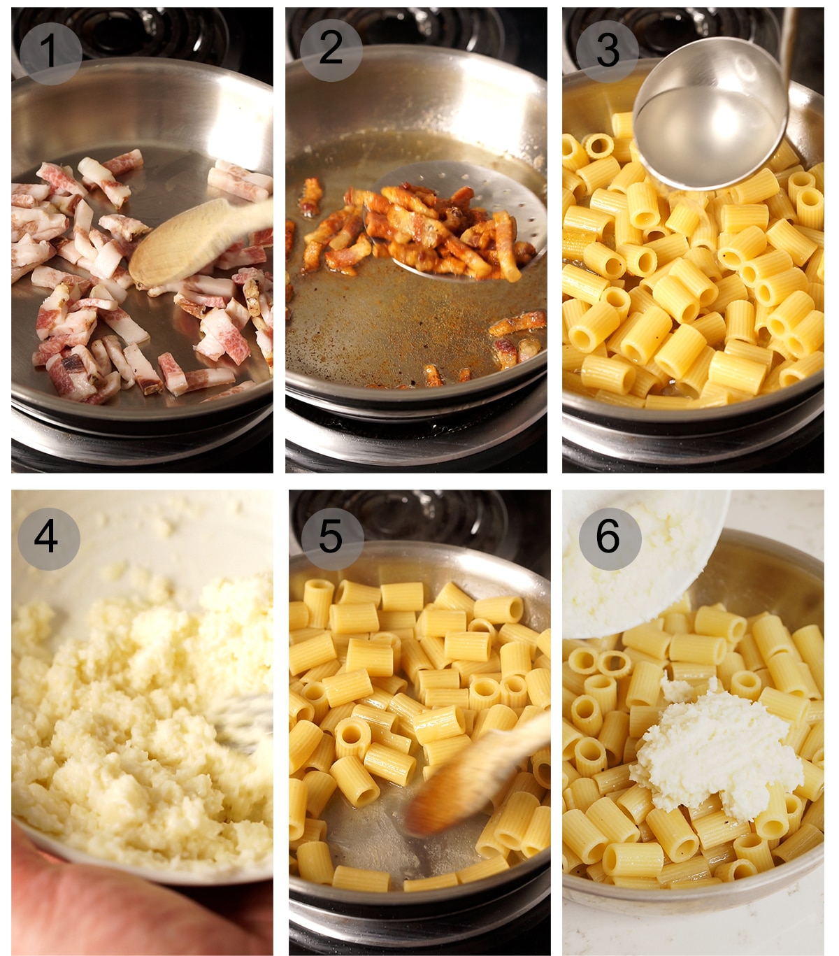 Step by step photos on how to make pasta alla gricia (#1-6)
