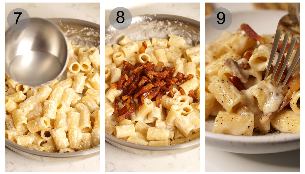 Step by step photos on how to make pasta alla gricia (#7-9)