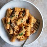Spicy vodka rigatoni in a plate with a fork