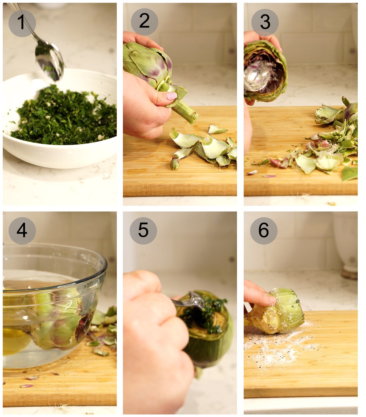 step by step photos on how to make roman artichokes (carciofi alla romana) #1-6