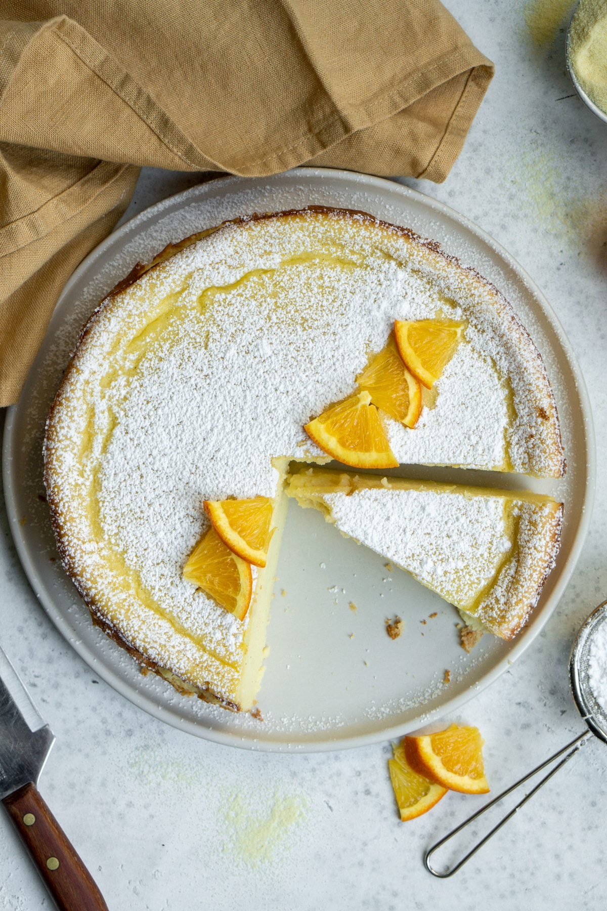 Overhead photo of Migliaccio Italian ricotta cake on a plate