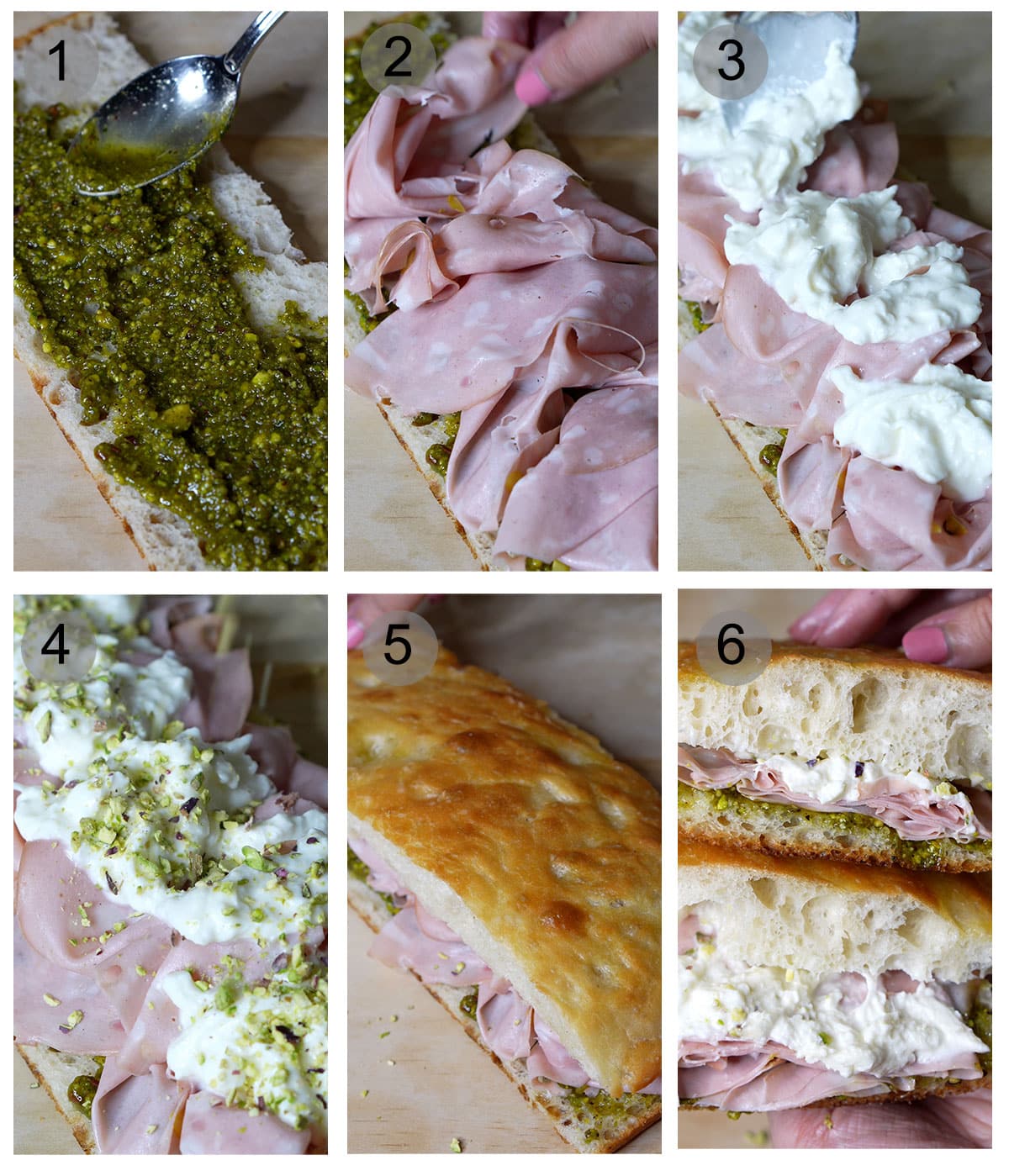 Step by step process on making a mortadella sandwich (#1-6)