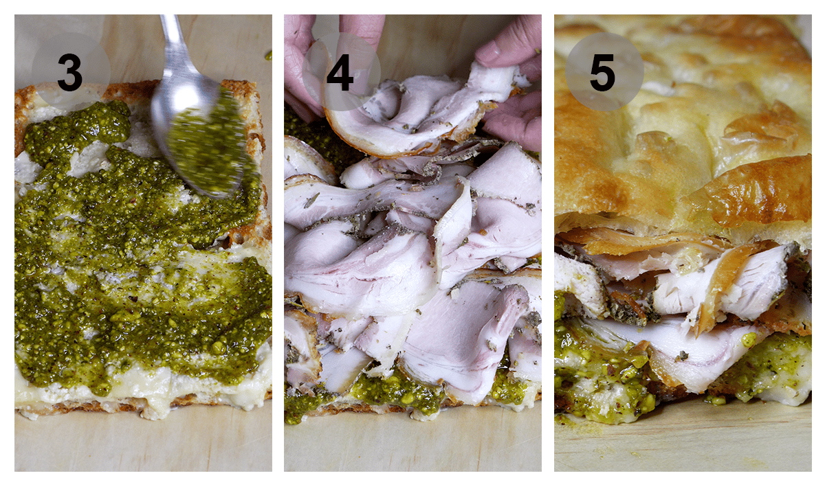 Step by step photos on how to make a porchetta panino (#3-5)