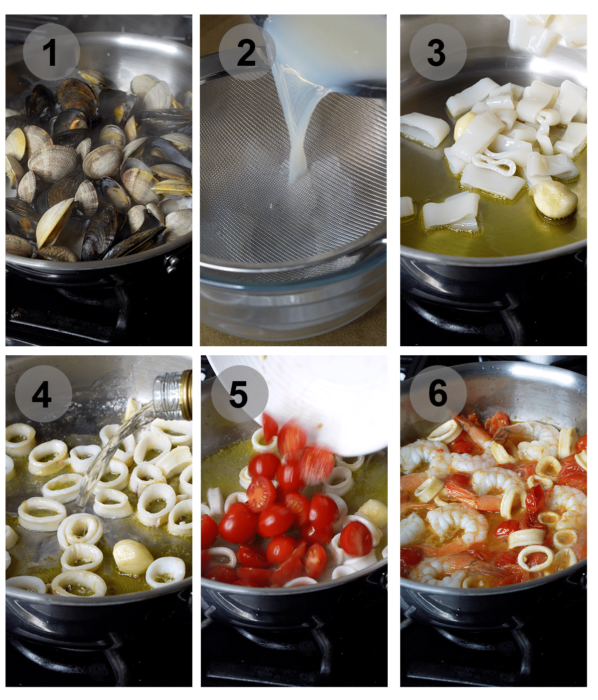 Step by step photos on how to make Italian seafood pasta (#1-6)