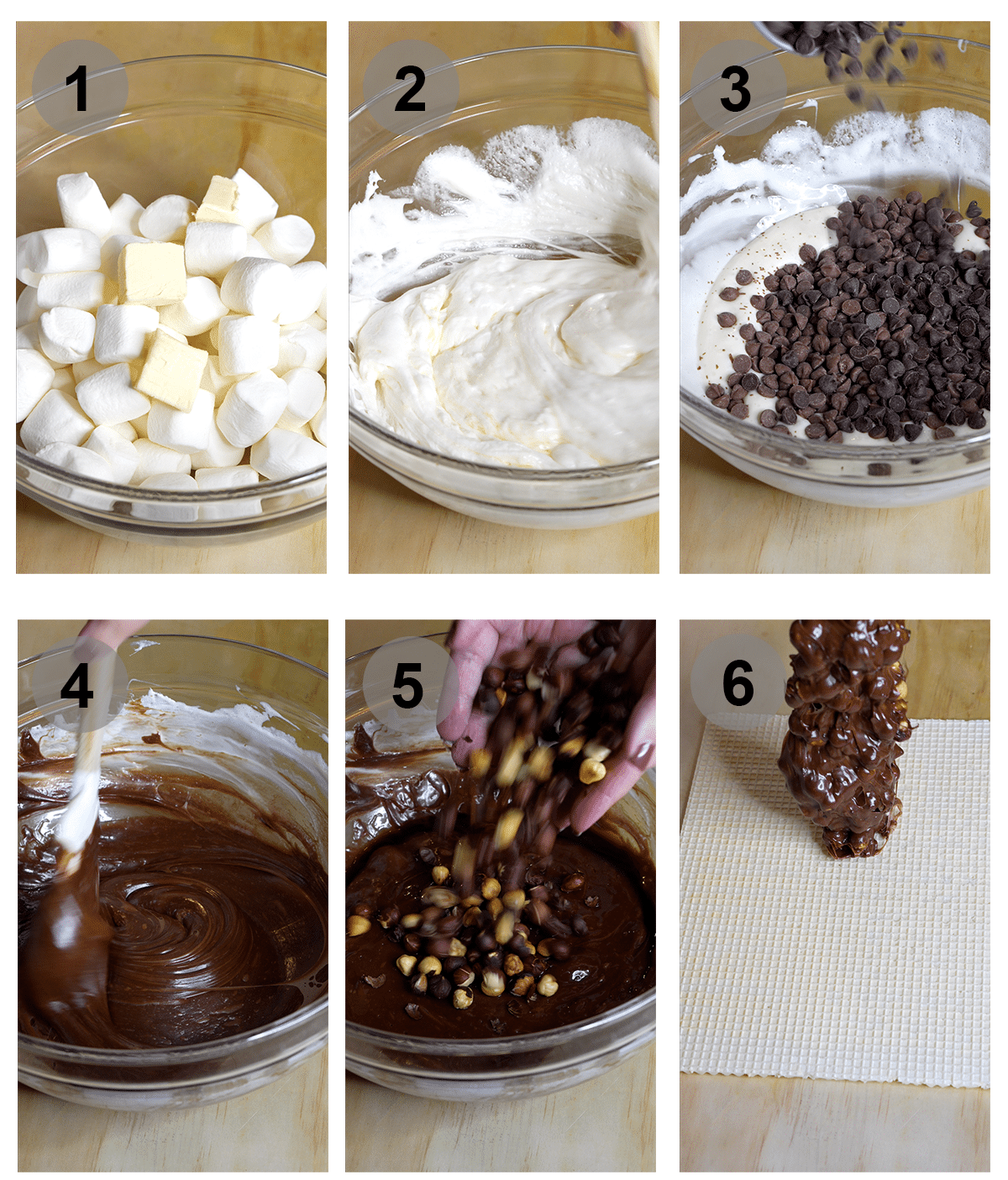 Step by step photos on how to make marshmallow torrone (#1-6)