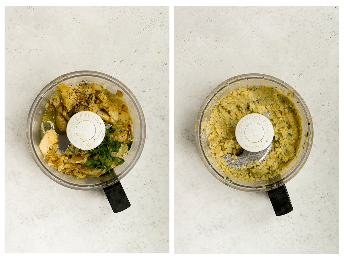 Two photos of artichoke spread - one with raw ingredients and the other of blended ingredients