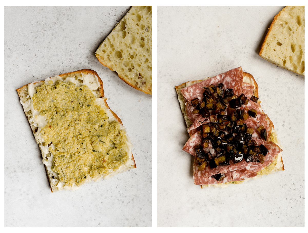 Two photos of la favolosa sandwich assembly - pecorino cream followed by artichoke spread, then salami topped with spicy eggplant
