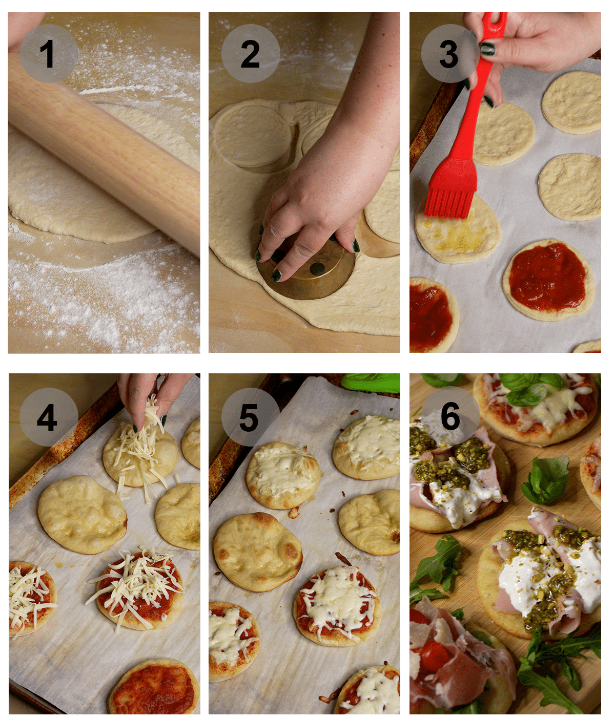 Step by step photos on how to make mini pizzetta (#1-6)