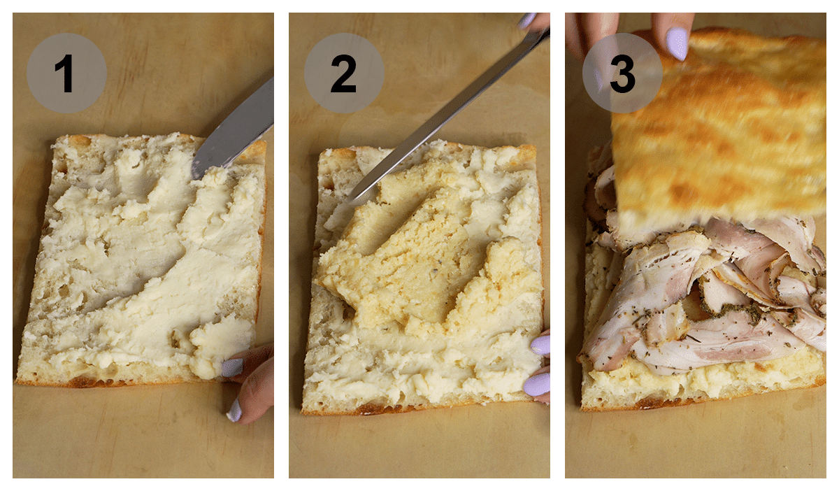 Step by step photos on how to make porchetta sandwich (assembly steps #1-3)