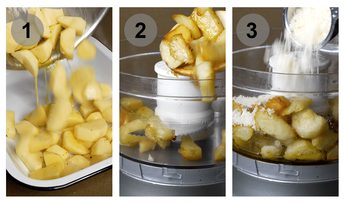 Step by step photos on how to make roasted potato cream (#1-3)