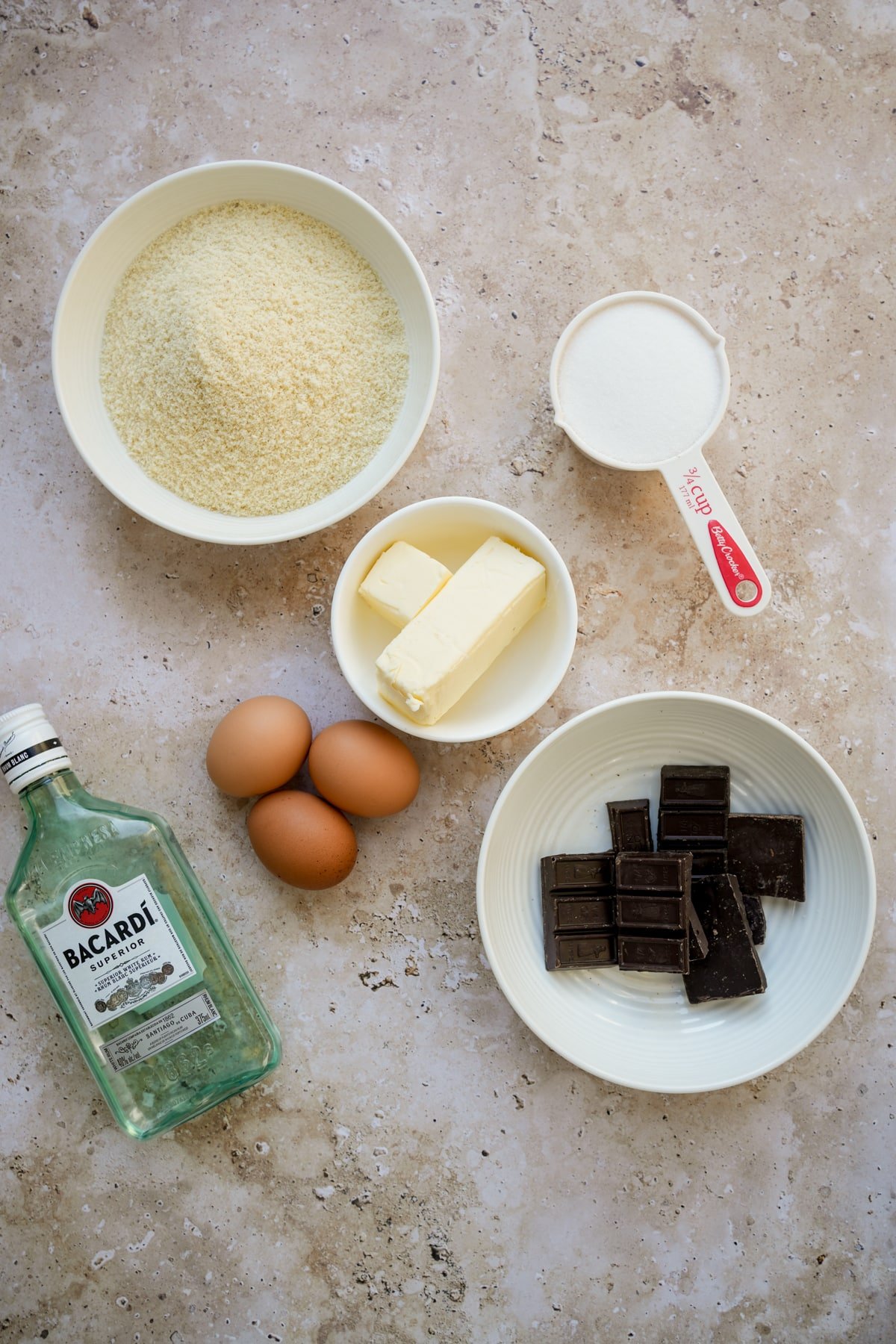 Almond flour chocolate cake ingredients - almond flour, butter, granulated sugar, eggs, semi sweet chocolate and rum