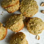 Pistachio muffins topped with pistachio crumble
